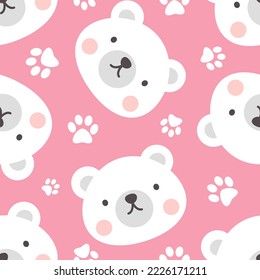 White kawaii polar bear cute face with footprints texture, kids pink woodland animals seamless pattern for wrapping paper, fabric and textile print.