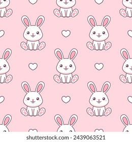 Conejos kawaii blancos y corazones sobre fondo rosa. Vector patrón sin fisuras. 