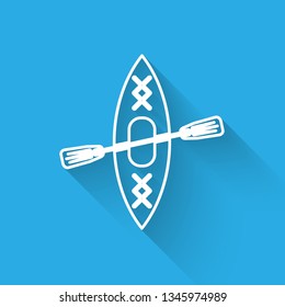 White Kayak and paddle icon isolated with long shadow. Kayak and canoe for fishing and tourism. Outdoor activities. Vector Illustration