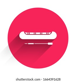 White Kayak and paddle icon isolated with long shadow. Kayak and canoe for fishing and tourism. Outdoor activities. Red circle button. Vector Illustration