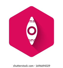 White Kayak and paddle icon isolated with long shadow. Kayak and canoe for fishing and tourism. Outdoor activities. Pink hexagon button. Vector Illustration