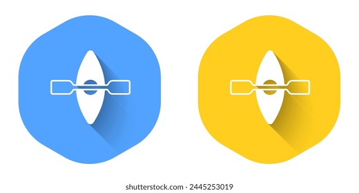 White Kayak and paddle icon isolated with long shadow background. Kayak and canoe for fishing and tourism. Outdoor activities. Circle button. Vector