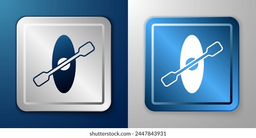 White Kayak and paddle icon isolated on blue and grey background. Kayak and canoe for fishing and tourism. Outdoor activities. Silver and blue square button. Vector