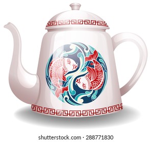 White kettle with a chinese design on it