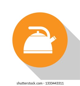 White Kettle with handle icon isolated on white background. Teapot icon. Orange circle button. Flat design. Vector Illustration