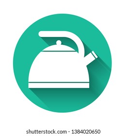 White Kettle with handle icon isolated with long shadow. Teapot icon. Green circle button. Vector Illustration
