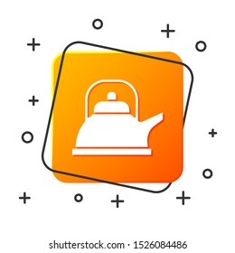 White Kettle with handle icon isolated on white background. Teapot icon. Orange square button. Vector Illustration