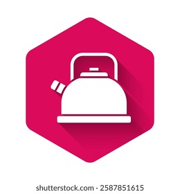 White Kettle with handle icon isolated with long shadow. Teapot icon. Pink hexagon button. Vector