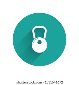 White Kettlebell icon isolated with long shadow. Green circle button. Vector Illustration