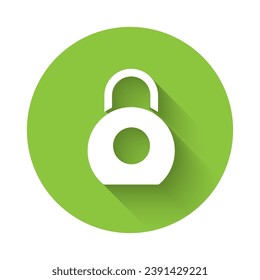 White Kettlebell icon isolated with long shadow. Sport equipment. Green circle button. Vector Illustration