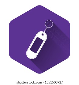 White Key chain icon isolated with long shadow. Blank rectangular keychain with ring and chain for key. Purple hexagon button. Vector Illustration