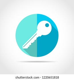 White key in flat design with long shadow. Vector illustration. Simple key icon on blue round button.