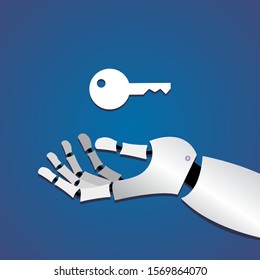 white key hanging over the robot arm on a dark blue background. concept of artificial intelligence, self-driving. replacing a person with a car, driving a car without a person horizontal