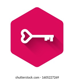 White Key in heart shape icon isolated with long shadow. Valentines day symbol. Pink hexagon button. Vector Illustration