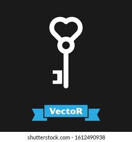 White Key in heart shape icon isolated on black background. Valentines day.  Vector Illustration