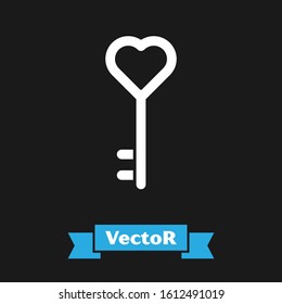 White Key in heart shape icon isolated on black background. Valentines day.  Vector Illustration