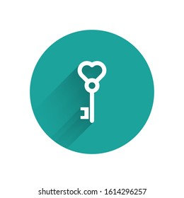 White Key in heart shape icon isolated with long shadow. Valentines day. Green circle button. Vector Illustration