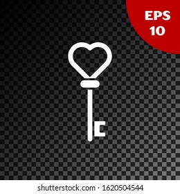 White Key in heart shape icon isolated on transparent dark background.  Vector Illustration