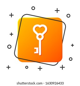 White Key in heart shape icon isolated on white background. Valentines day. Orange square button. Vector Illustration