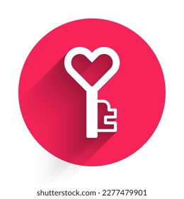 White Key in heart shape icon isolated with long shadow background. Happy Valentines day. Red circle button. Vector