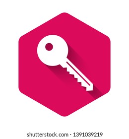 White Key icon isolated with long shadow. Pink hexagon button. Vector Illustration