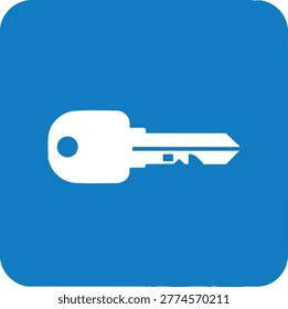 White key symbol on blue background representing access and security with a rounded square shape