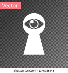 White Keyhole with eye icon isolated on transparent background. The eye looks into the keyhole. Keyhole eye hole. Vector Illustration