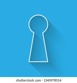 White Keyhole icon isolated with long shadow. Key of success solution. Keyhole express the concept of riddle, secret, peeping, safety, security. Vector Illustration