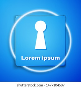 White Keyhole icon isolated on blue background. Key of success solution. Keyhole express the concept of riddle, secret, safety, security. Blue square button. Vector Illustration