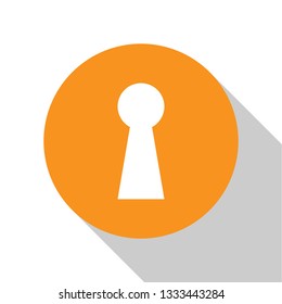 White Keyhole icon on white background. Key of success solution. Keyhole express the concept of riddle, secret, peeping, safety, security. Orange circle button. Flat design. Vector Illustration