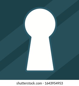 White keyhole on dark background, door or lock. Blank banner template for text. Vector illustration, flat design element, cartoon style, isolated.