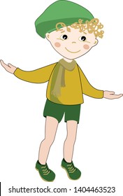 A white kid with blonde curly hair wearing a yellow sweater and a green beret, vector, color drawing or illustration. 