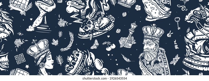 White king and black queen. Gambit. Pieces, board game. Fiery knight and burning rook. Chess seamless pattern. Old school tattoo style. Checkmate concept. Traditional tattooing art 
