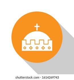 White King crown icon isolated on white background. Orange circle button. Vector Illustration