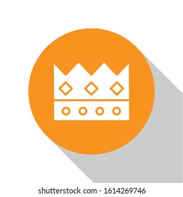White King crown icon isolated on white background. Orange circle button. Vector Illustration
