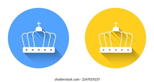 White King crown icon isolated with long shadow background. Circle button. Vector