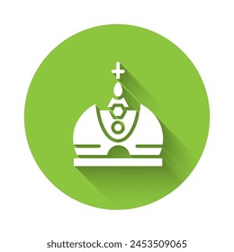 White King crown icon isolated with long shadow. Green circle button. Vector