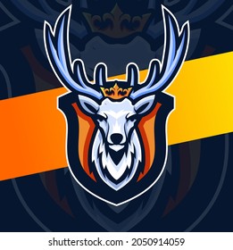 white king deer mascot esport logo design with crown for game and sport logo and illustration