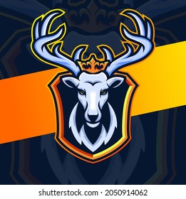 white king deer mascot esport logo design with crown for game and sport logo and illustration