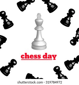 White king, surrounded by black pawns beyond the writing on the invitation to chess party. All isolated. svg
