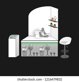White kiosk of non-standard form with attributes for the bar