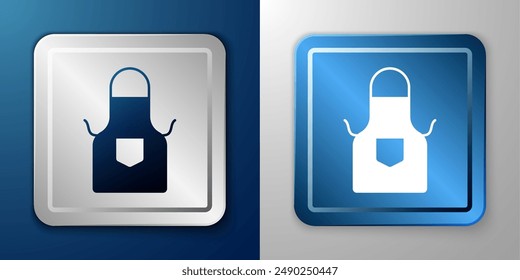 White Kitchen apron icon isolated on blue and grey background. Chef uniform for cooking. Silver and blue square button. Vector