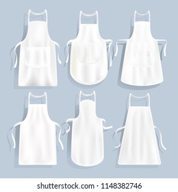 White kitchen aprons of different shape, vector set. Realistic apron mockup, illustration