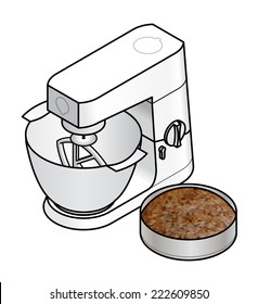 A white kitchen bench top mixer. With a mixing attachment, a plastic bowl and a cake.