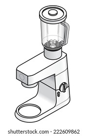 A white kitchen bench top mixer. With a goblet blender.