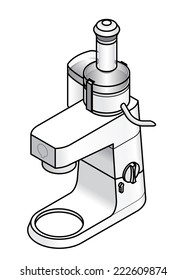 A white kitchen bench top mixer. With a juicer / juice extractor attachment.