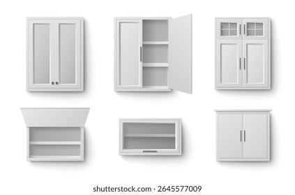 White kitchen cabinet collection in various storage styles. Different wall mounted units with glass doors, open shelving, closed panel fronts and upper furniture pieces for modern home organization.