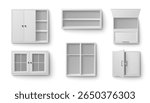 White kitchen cabinet set with open doors and empty shelves - wall mounted storage units with glass panels, wood fronts for modern home organization, pantry furniture or bathroom cupboards interior.