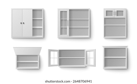White kitchen cabinet set with open doors and empty shelves - wall mounted storage units with glass panels, wood fronts for modern home organization, pantry furniture or bathroom cupboards interior.
