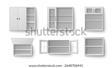 White kitchen cabinet set with open doors and empty shelves - wall mounted storage units with glass panels, wood fronts for modern home organization, pantry furniture or bathroom cupboards interior.